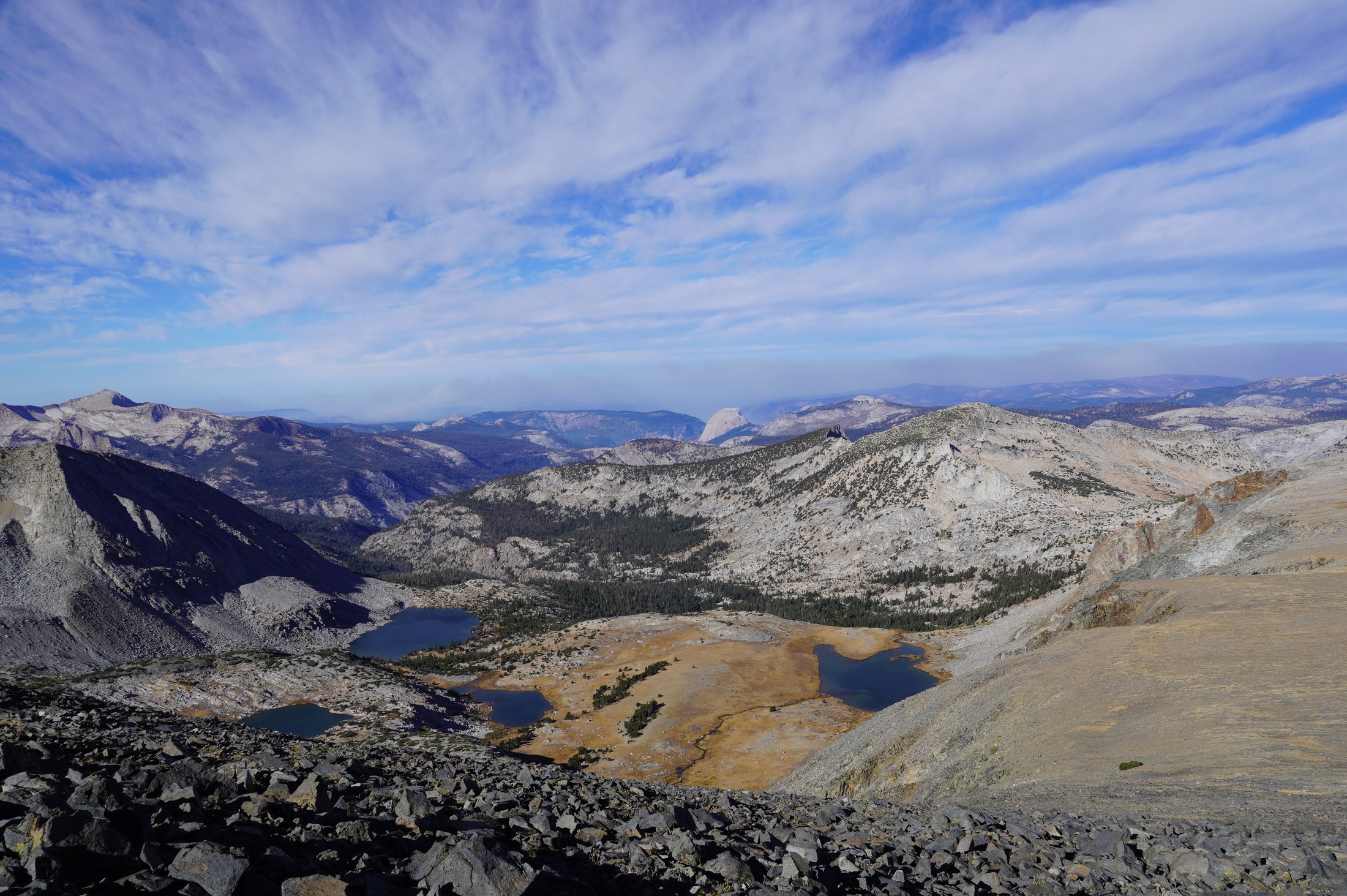 Granite ridges and lakes below the pass