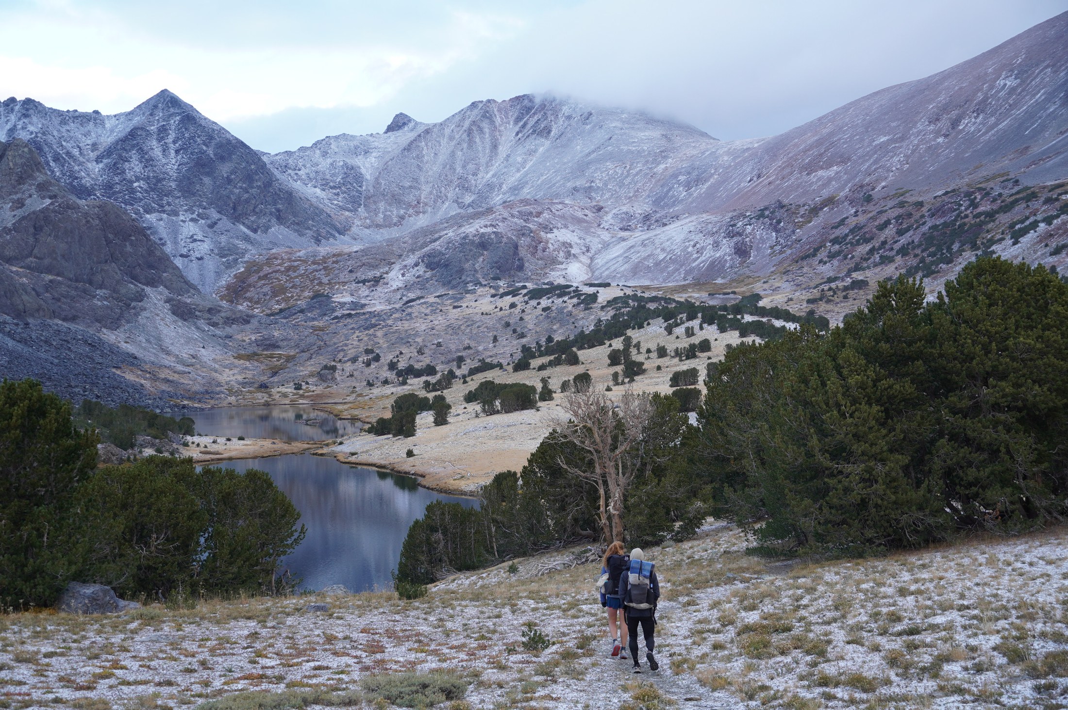 Fresh snow on the mountains above camp